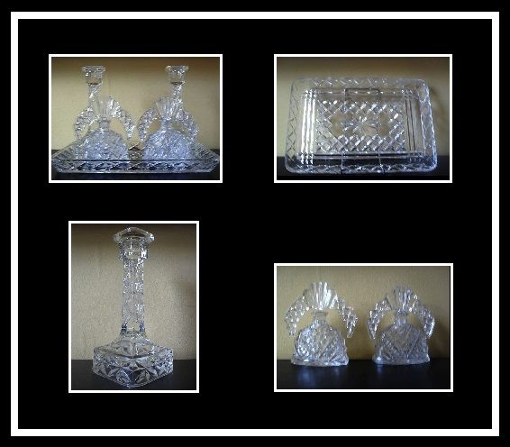 A Beautiful Art Deco Glass 5 PieceTrinket Vanity Set Complete with Perfume Bottles. A Beautiful Art Deco Glass 5 PieceTrinket Vanity Set Complete with Perfume Bottles.