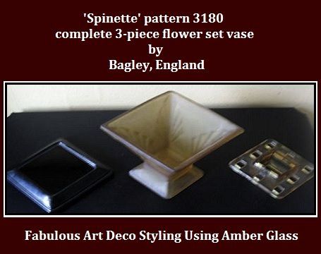 Beautiful Bagley Butterscotch Amber Glass 3 Piece Art Deco Style Flower Set. 'Spinette' Pattern. Beautiful Bagley Butterscotch Amber Glass 3 Piece Art Deco Style Flower Set. 'Spinette' Pattern.