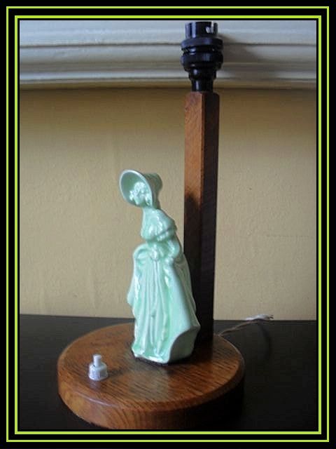 Enchanting Art Deco English Oak & Ceramic Figurative Table Lamp Base Enchanting Art Deco English Oak & Ceramic Figurative Table Lamp Base