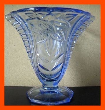 1930's Art Deco Czechoslovakian Blue Depression Glass Vase With Wings 1930's Art Deco Czechoslovakian Blue Depression Glass Vase With Wings