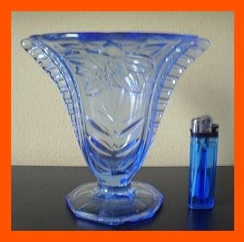 1930's Art Deco Czechoslovakian Blue Depression Glass Vase With Wings 1930's Art Deco Czechoslovakian Blue Depression Glass Vase With Wings