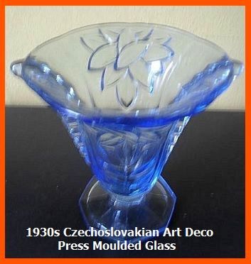 1930's Art Deco Czechoslovakian Blue Depression Glass Vase With Wings 1930's Art Deco Czechoslovakian Blue Depression Glass Vase With Wings