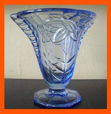 1930's Art Deco Czechoslovakian Blue Depression Glass Vase With Wings 1930's Art Deco Czechoslovakian Blue Depression Glass Vase With Wings