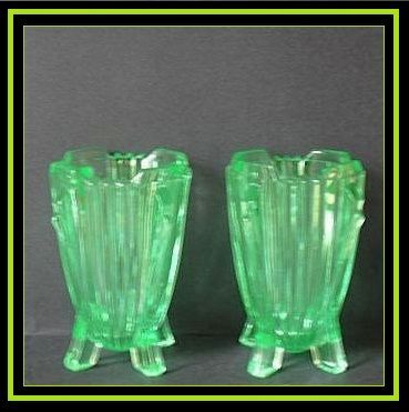 Outstanding PAIR of English Art Deco Uranium Glass Vases by Bagley, 'Bedford' Pattern. Outstanding PAIR of English Art Deco Uranium Glass Vases by Bagley, 'Bedford' Pattern.
