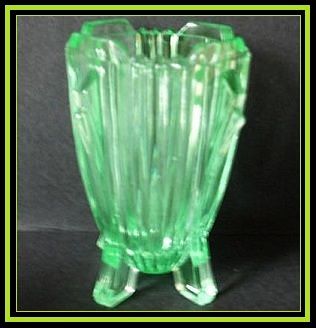 Outstanding PAIR of English Art Deco Uranium Glass Vases by Bagley, 'Bedford' Pattern. Outstanding PAIR of English Art Deco Uranium Glass Vases by Bagley, 'Bedford' Pattern.