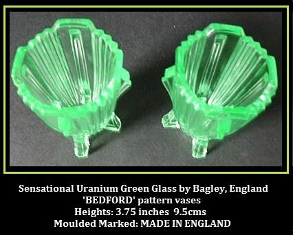 Outstanding PAIR of English Art Deco Uranium Glass Vases by Bagley, 'Bedford' Pattern. Outstanding PAIR of English Art Deco Uranium Glass Vases by Bagley, 'Bedford' Pattern.