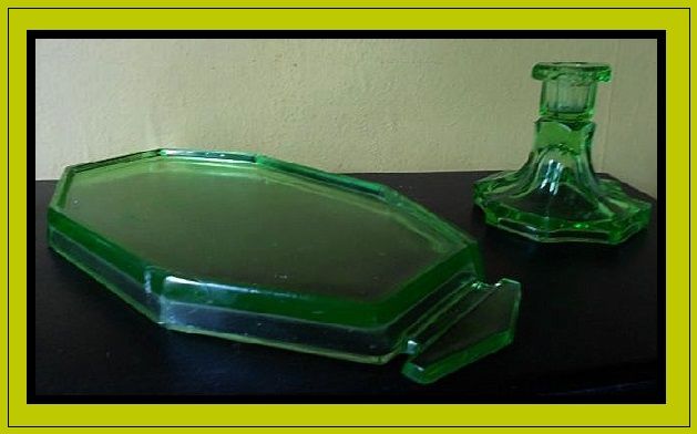 Czechoslovakian Produced * Brockwitz, Germany, Pattern * Art Deco Uranium Glass Trinket Table Set. Czechoslovakian Produced * Brockwitz, Germany, Pattern * Art Deco Uranium Glass Trinket Table Set.