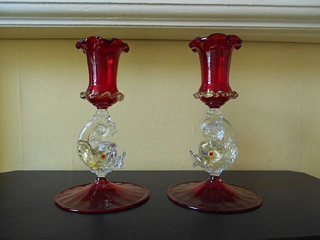 Quality circa 1880's Venetian Murano Barovier / Salviati Ruby Glass Candlestick Holders with Aventurine. MINT. Quality circa 1880's Venetian Murano Barovier / Salviati Ruby Glass Candlestick Holders with Aventurine. MINT.