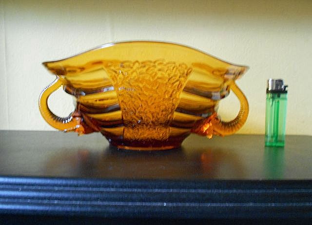 Sowerby, English Art Deco LARGE Amber Glass Bowl With Elephant Handles. Sowerby, English Art Deco LARGE Amber Glass Bowl With Elephant Handles.