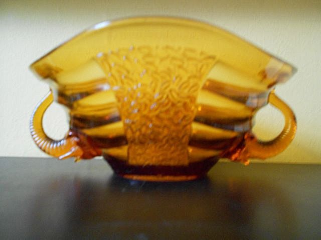 Sowerby, English Art Deco LARGE Amber Glass Bowl With Elephant Handles. Sowerby, English Art Deco LARGE Amber Glass Bowl With Elephant Handles.