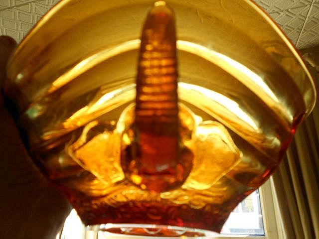 Sowerby, English Art Deco LARGE Amber Glass Bowl With Elephant Handles. Sowerby, English Art Deco LARGE Amber Glass Bowl With Elephant Handles.