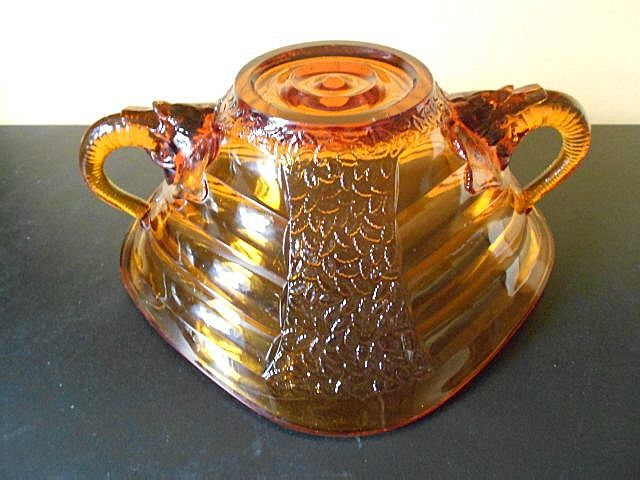 Sowerby, English Art Deco LARGE Amber Glass Bowl With Elephant Handles. Sowerby, English Art Deco LARGE Amber Glass Bowl With Elephant Handles.