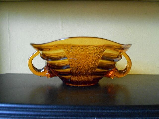 Sowerby, English Art Deco LARGE Amber Glass Bowl With Elephant Handles. Sowerby, English Art Deco LARGE Amber Glass Bowl With Elephant Handles.
