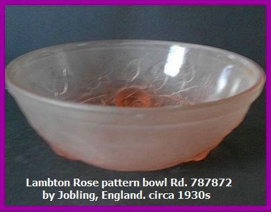Stunning 1930s Large Pink Glass Bowl by Jobling, England. Lambton Rose Pattern Stunning 1930s Large Pink Glass Bowl by Jobling, England. Lambton Rose Pattern