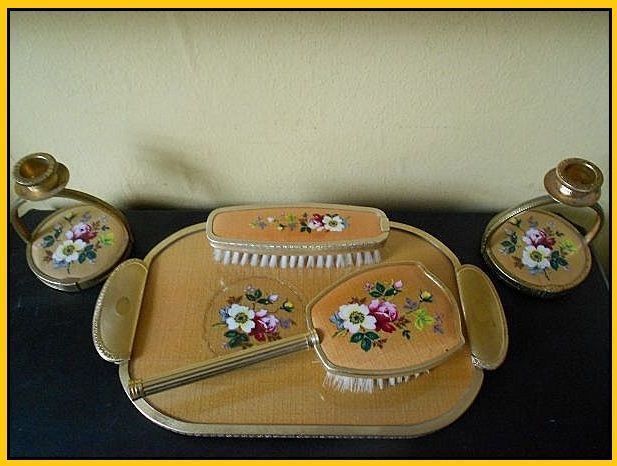 SALE PRICE! 5 Piece Golden Silk Vanity Set Boudoir Dresser Set. English circa 1950's SALE PRICE! 5 Piece Golden Silk Vanity Set Boudoir Dresser Set. English circa 1950's