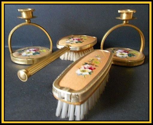 SALE PRICE! 5 Piece Golden Silk Vanity Set Boudoir Dresser Set. English circa 1950's SALE PRICE! 5 Piece Golden Silk Vanity Set Boudoir Dresser Set. English circa 1950's