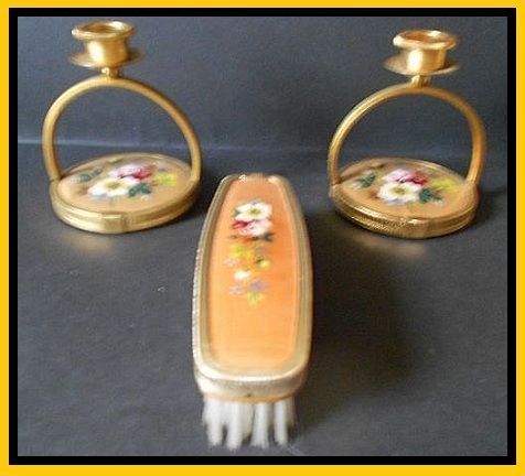 SALE PRICE! 5 Piece Golden Silk Vanity Set Boudoir Dresser Set. English circa 1950's SALE PRICE! 5 Piece Golden Silk Vanity Set Boudoir Dresser Set. English circa 1950's