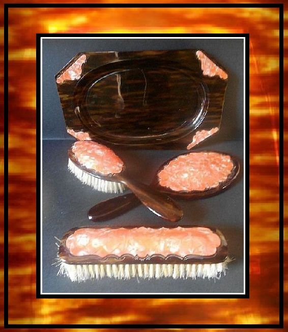 SALE PRICE! Bakelite -Tortoiseshell & Orange Pearlescent Vanity Set SALE PRICE! Bakelite -Tortoiseshell & Orange Pearlescent Vanity Set