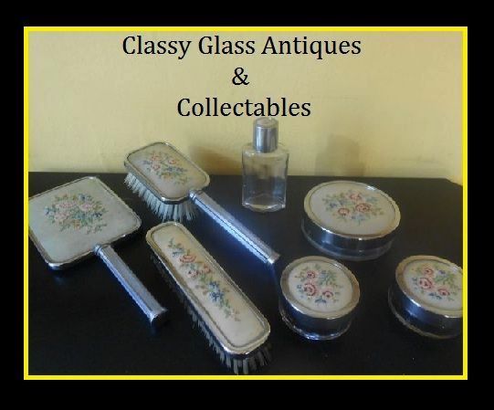 SALE PRICE! Seven Piece Chrome Metal Glass & Embroidery Vanity Set. SALE PRICE! Seven Piece Chrome Metal Glass & Embroidery Vanity Set.