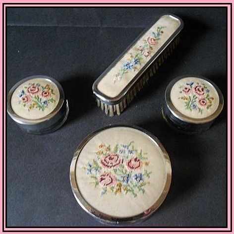 SALE PRICE! Seven Piece Chrome Metal Glass & Embroidery Vanity Set. SALE PRICE! Seven Piece Chrome Metal Glass & Embroidery Vanity Set.