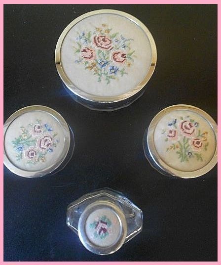 SALE PRICE! Seven Piece Chrome Metal Glass & Embroidery Vanity Set. SALE PRICE! Seven Piece Chrome Metal Glass & Embroidery Vanity Set.