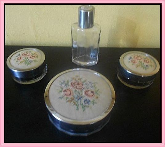 SALE PRICE! Seven Piece Chrome Metal Glass & Embroidery Vanity Set. SALE PRICE! Seven Piece Chrome Metal Glass & Embroidery Vanity Set.