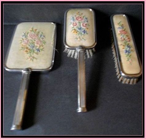 SALE PRICE! Seven Piece Chrome Metal Glass & Embroidery Vanity Set. SALE PRICE! Seven Piece Chrome Metal Glass & Embroidery Vanity Set.