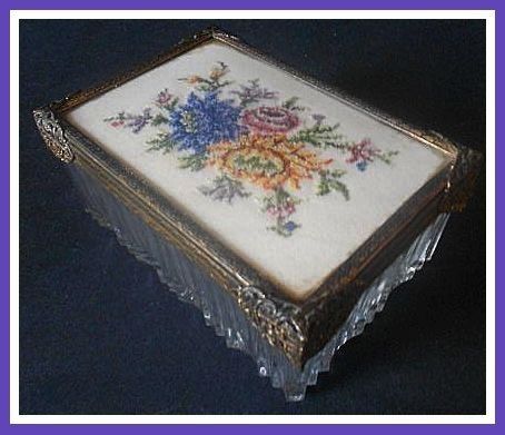 SALE PRICE! Scarce, Crystal Glass Vanity Box With Embroidery Lid & Internal Mirror SALE PRICE! Scarce, Crystal Glass Vanity Box With Embroidery Lid & Internal Mirror