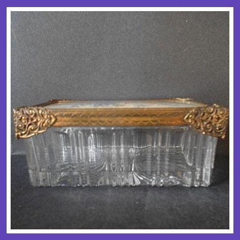 SALE PRICE! Scarce, Crystal Glass Vanity Box With Embroidery Lid & Internal Mirror SALE PRICE! Scarce, Crystal Glass Vanity Box With Embroidery Lid & Internal Mirror