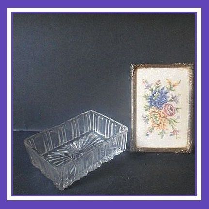 SALE PRICE! Scarce, Crystal Glass Vanity Box With Embroidery Lid & Internal Mirror SALE PRICE! Scarce, Crystal Glass Vanity Box With Embroidery Lid & Internal Mirror