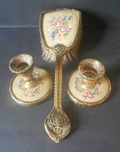SALE PRICE! Beautiful Five Piece Vanity Brush Set With Candle Stick Holders & Lace Glass Tray SALE PRICE! Beautiful Five Piece Vanity Brush Set With Candle Stick Holders & Lace Glass Tray