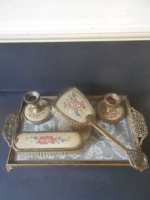 SALE PRICE! Beautiful Five Piece Vanity Brush Set With Candle Stick Holders & Lace Glass Tray SALE PRICE! Beautiful Five Piece Vanity Brush Set With Candle Stick Holders & Lace Glass Tray