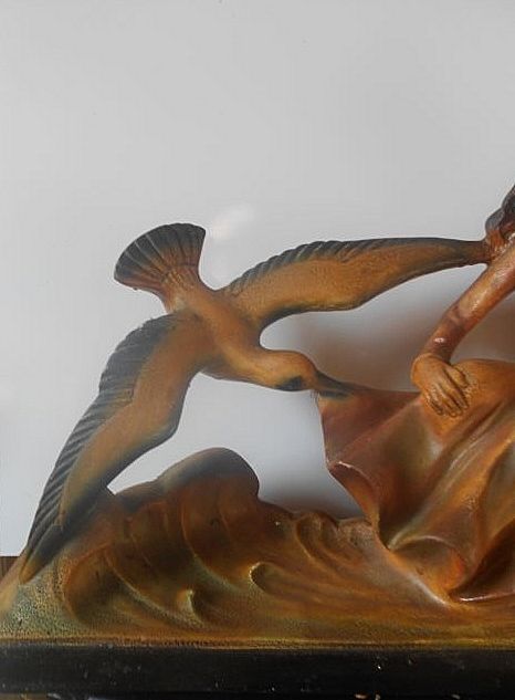 Magnificent Signed Original Art Deco Lady with Birds 26 inch Sculpture by M Toscana Magnificent Signed Original Art Deco Lady with Birds 26 inch Sculpture by M Toscana
