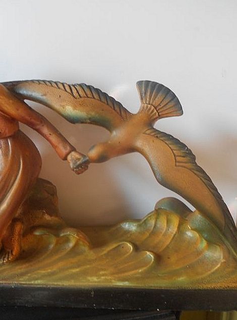 Magnificent Signed Original Art Deco Lady with Birds 26 inch Sculpture by M Toscana Magnificent Signed Original Art Deco Lady with Birds 26 inch Sculpture by M Toscana