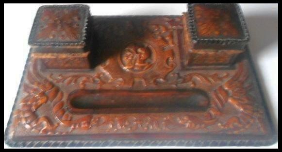 Early 20th Century Leather & Gesso Hand Tooled Continental Inkwell Early 20th Century Leather & Gesso Hand Tooled Continental Inkwell