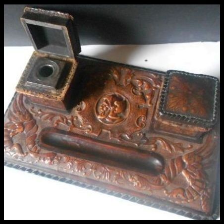 Early 20th Century Leather & Gesso Hand Tooled Continental Inkwell Early 20th Century Leather & Gesso Hand Tooled Continental Inkwell