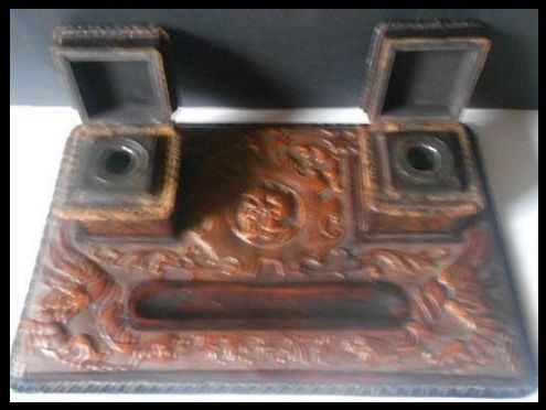 Early 20th Century Leather & Gesso Hand Tooled Continental Inkwell Early 20th Century Leather & Gesso Hand Tooled Continental Inkwell