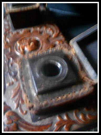 Early 20th Century Leather & Gesso Hand Tooled Continental Inkwell Early 20th Century Leather & Gesso Hand Tooled Continental Inkwell