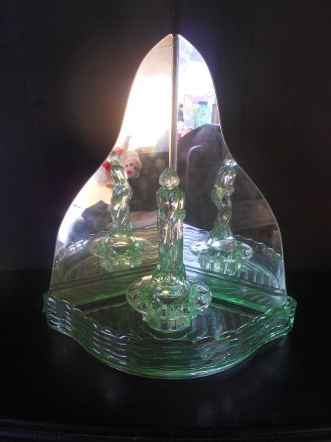 'September Morn' Art Deco Uranium Glass Lady Corner Display Complete With Mirror 'September Morn' Art Deco Uranium Glass Lady Corner Display Complete With Mirror