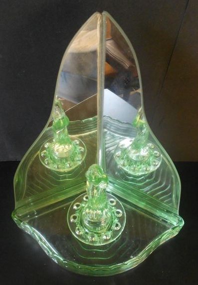 'September Morn' Art Deco Uranium Glass Lady Corner Display Complete With Mirror 'September Morn' Art Deco Uranium Glass Lady Corner Display Complete With Mirror