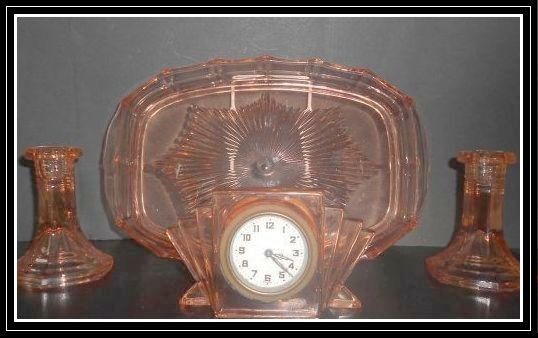 Extensive 11 Component Piece Art Deco Pink Glass Trinket Boudoir Dresser Set Complete with Clock Extensive 11 Component Piece Art Deco Pink Glass Trinket Boudoir Dresser Set Complete with Clock