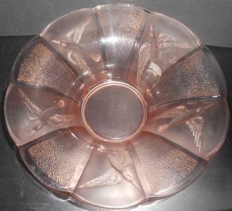 Czechoslovakian 1930's Art Deco Kingfisher Panel, Large Pink Glass Bowl Czechoslovakian 1930's Art Deco Kingfisher Panel, Large Pink Glass Bowl