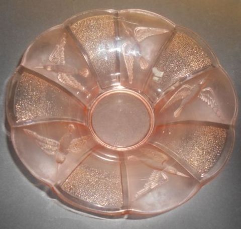 Czechoslovakian 1930's Art Deco Kingfisher Panel, Large Pink Glass Bowl Czechoslovakian 1930's Art Deco Kingfisher Panel, Large Pink Glass Bowl