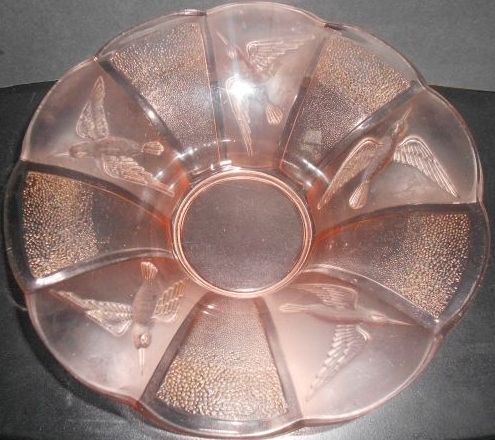 Czechoslovakian 1930's Art Deco Kingfisher Panel, Large Pink Glass Bowl Czechoslovakian 1930's Art Deco Kingfisher Panel, Large Pink Glass Bowl