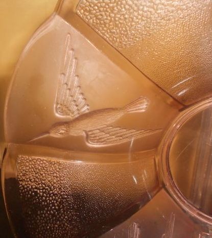 Czechoslovakian 1930's Art Deco Kingfisher Panel, Large Pink Glass Bowl Czechoslovakian 1930's Art Deco Kingfisher Panel, Large Pink Glass Bowl