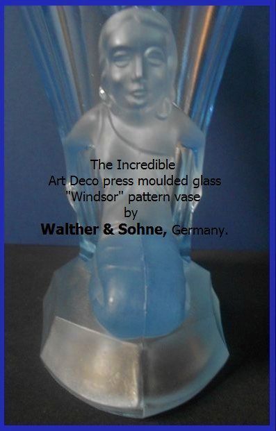 Wonderful Walther & Sohne Windsor Pattern German Art Deco Uranium Blue Glass Vase Wonderful Walther & Sohne Windsor Pattern German Art Deco Uranium Blue Glass Vase
