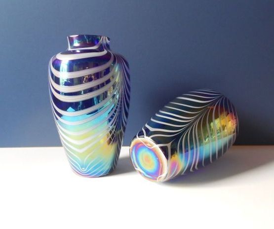 Gorgeous PAIR of Large & Substantial Mirrored Iridescent Cobalt Blue Vases. Mint & Numbered Gorgeous PAIR of Large & Substantial Mirrored Iridescent Cobalt Blue Vases. Mint & Numbered