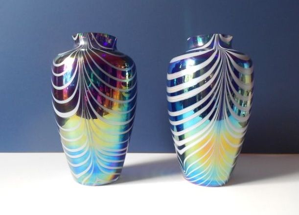 Gorgeous PAIR of Large & Substantial Mirrored Iridescent Cobalt Blue Vases. Mint & Numbered Gorgeous PAIR of Large & Substantial Mirrored Iridescent Cobalt Blue Vases. Mint & Numbered