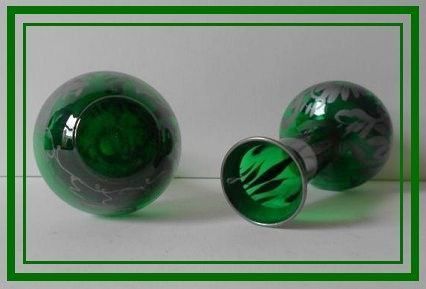 A Charming Pair of Venetian Emerald Green Silver Overlay Glass Vases A Charming Pair of Venetian Emerald Green Silver Overlay Glass Vases