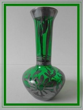 A Charming Pair of Venetian Emerald Green Silver Overlay Glass Vases A Charming Pair of Venetian Emerald Green Silver Overlay Glass Vases